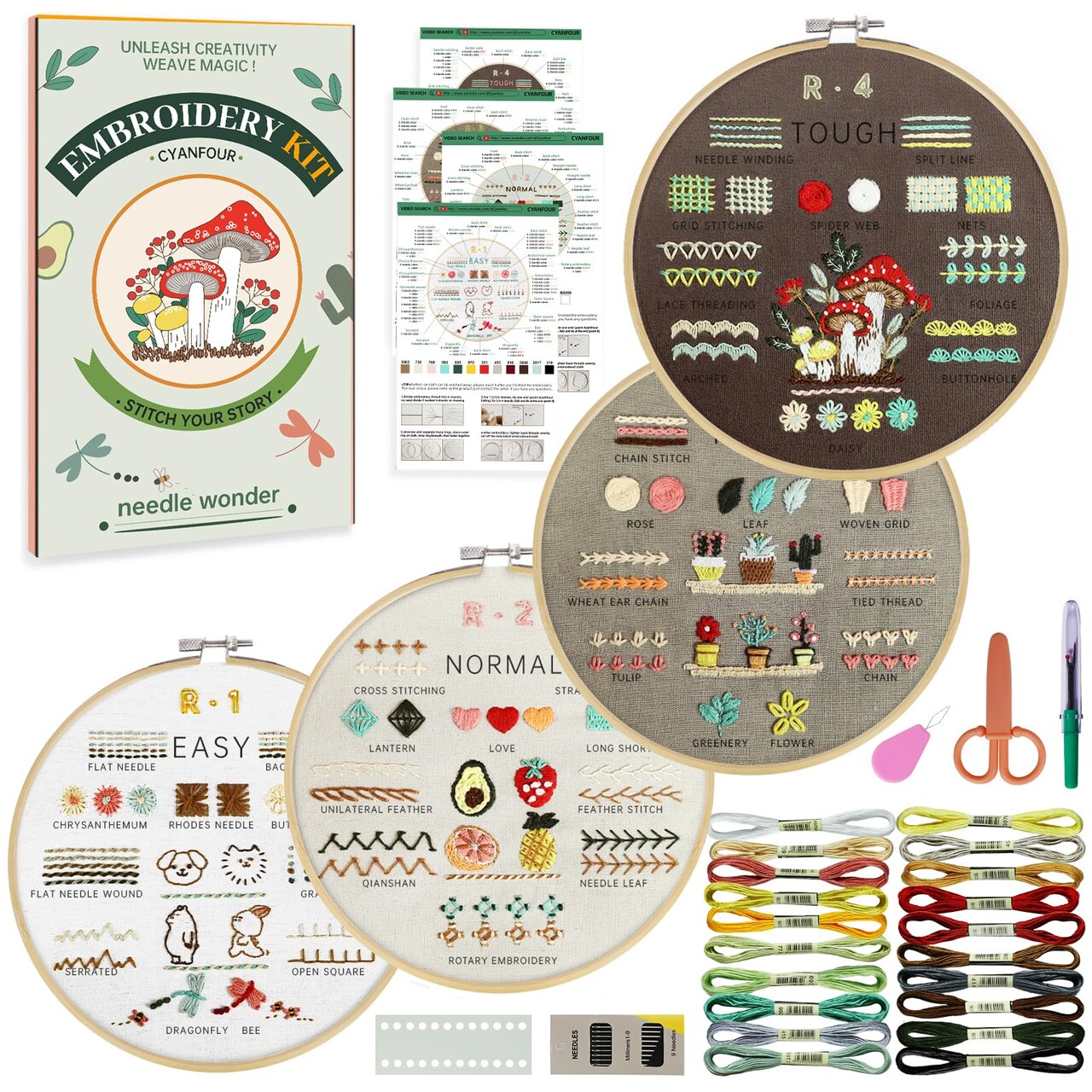 4 Stage Embroidery Kit for Beginners Adults, Easy to Learn 38 Different Stitches from Instruction & Video, Needlepoint Kits for Adults with Stamped Embroidery Patterns.